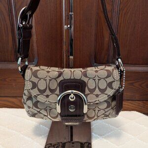 Coach Jacquard Signature Soho & Brown Leather trim shoulder bag.